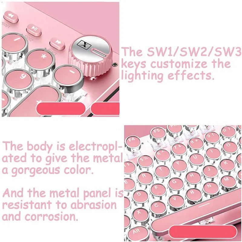 Silver bottom pink mechanical keyboard with white backlight and round keys alongside matching mouse