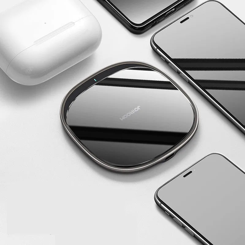 Square 15W wireless charging pad with zinc alloy and glass construction for mobile phones