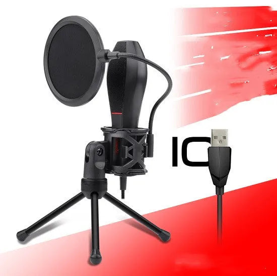 Black wired broadcast microphone with USB cable for live streaming and karaoke.