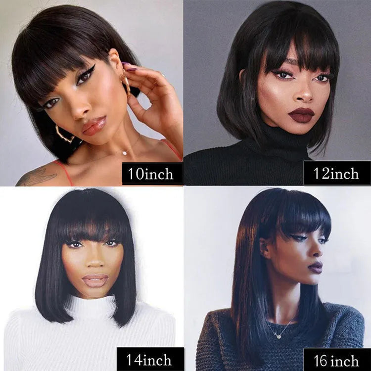 10-inch human hair wig in natural black colour with adjustable headgear for Black women