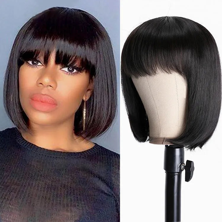 10-inch human hair wig in natural black colour with adjustable headgear for Black women