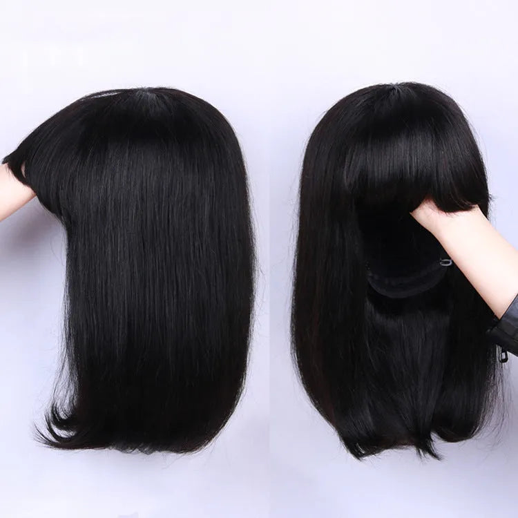 10-inch human hair wig in natural black colour with adjustable headgear for Black women