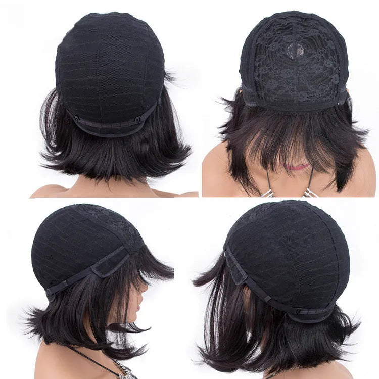 10-inch human hair wig in natural black colour with adjustable headgear for Black women