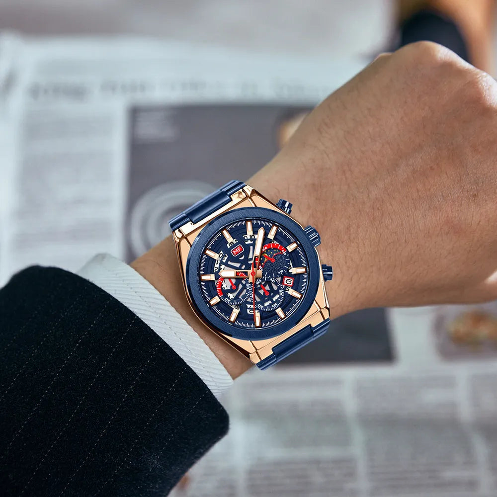 Men's business quartz watch with luminous hands and calendar, 35.5mm dial, mineral glass, stainless steel buckle, black face