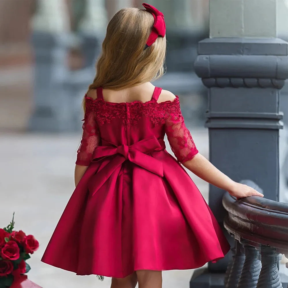 Girls lace-trimmed polyester dress in simple style available in deep red, pink, red, white and green colours