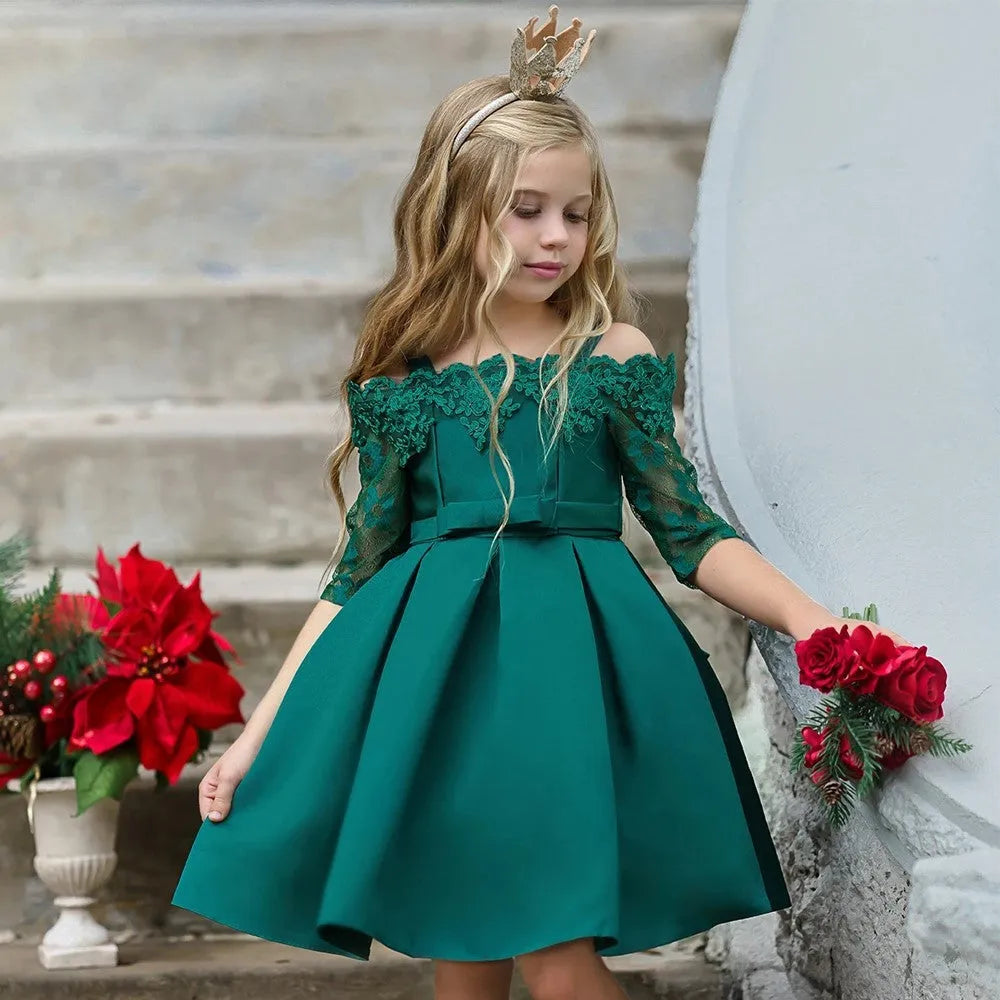 Girls lace-trimmed polyester dress in simple style available in deep red, pink, red, white and green colours