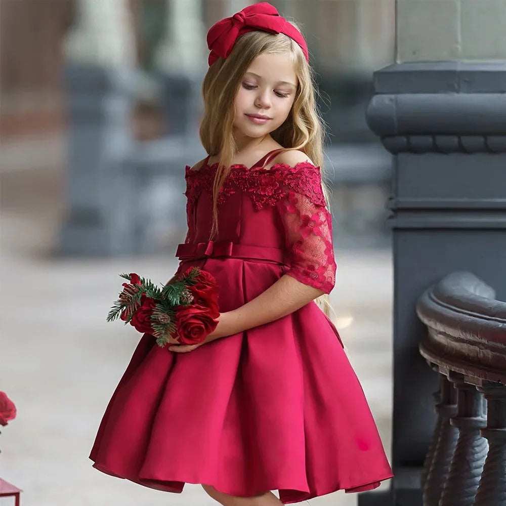 Girls lace-trimmed polyester dress in simple style available in deep red, pink, red, white and green colours