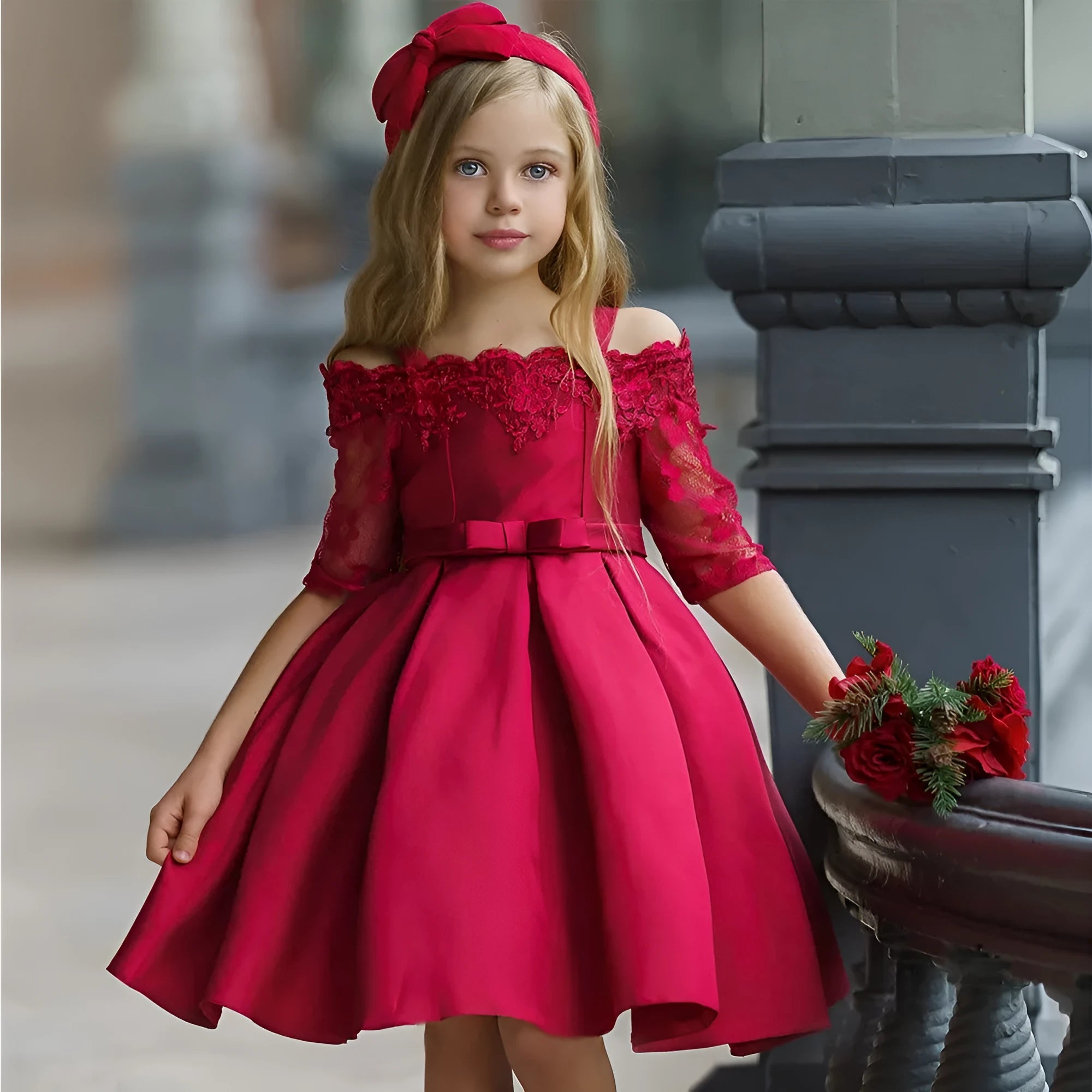 Girls lace-trimmed polyester dress in simple style available in deep red, pink, red, white and green colours