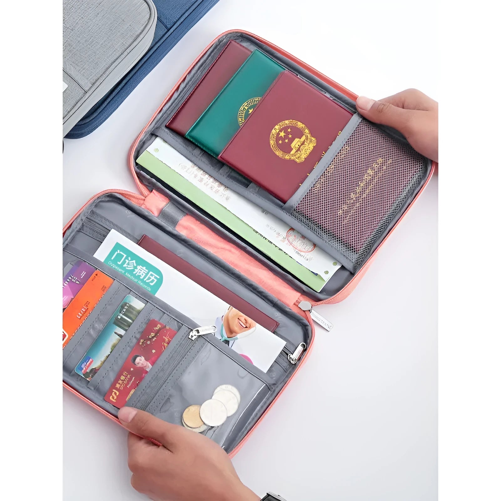 Waterproof cationic polyester passport cover in navy blue colour showing front view