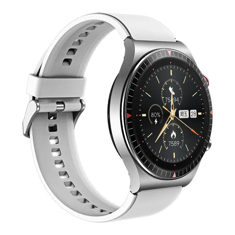 Black Bluetooth smart watch with circular screen on a silicone strap, showing call and music interface.