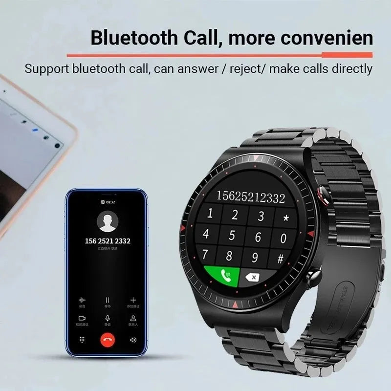 Black Bluetooth smart watch with circular screen on a silicone strap, showing call and music interface.