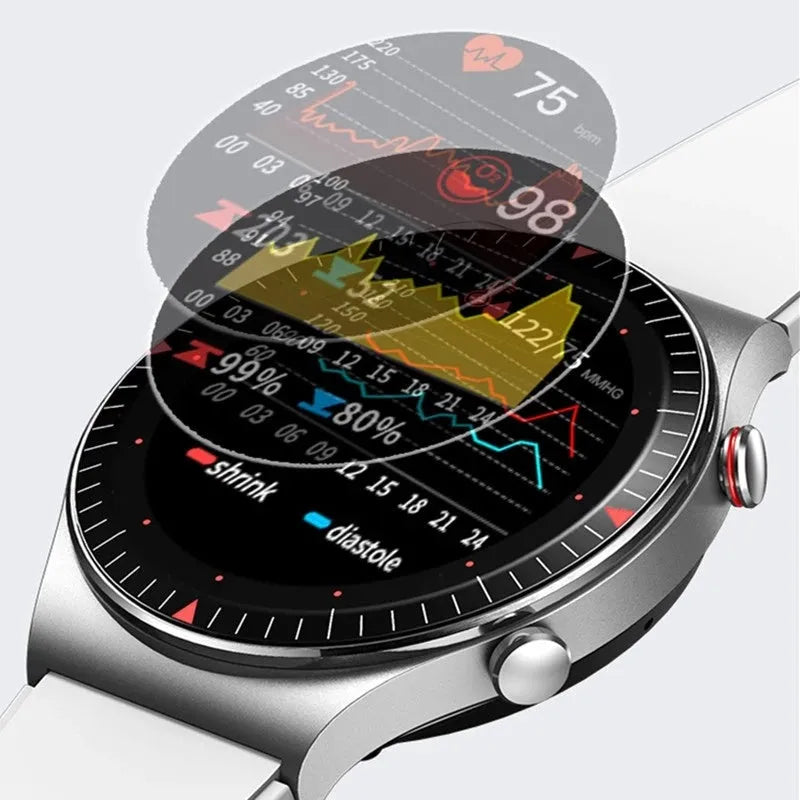 Black Bluetooth smart watch with circular screen on a silicone strap, showing call and music interface.