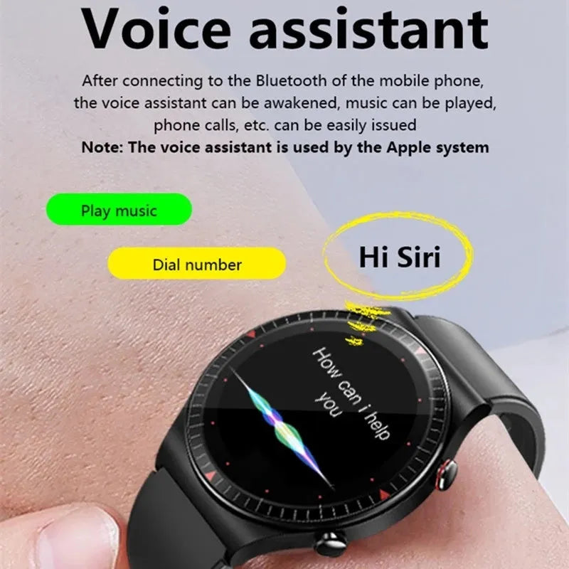 Black Bluetooth smart watch with circular screen on a silicone strap, showing call and music interface.