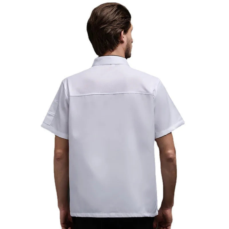 Short sleeve cotton blended chef work top in white with anti-oil decontamination for hotel kitchen use