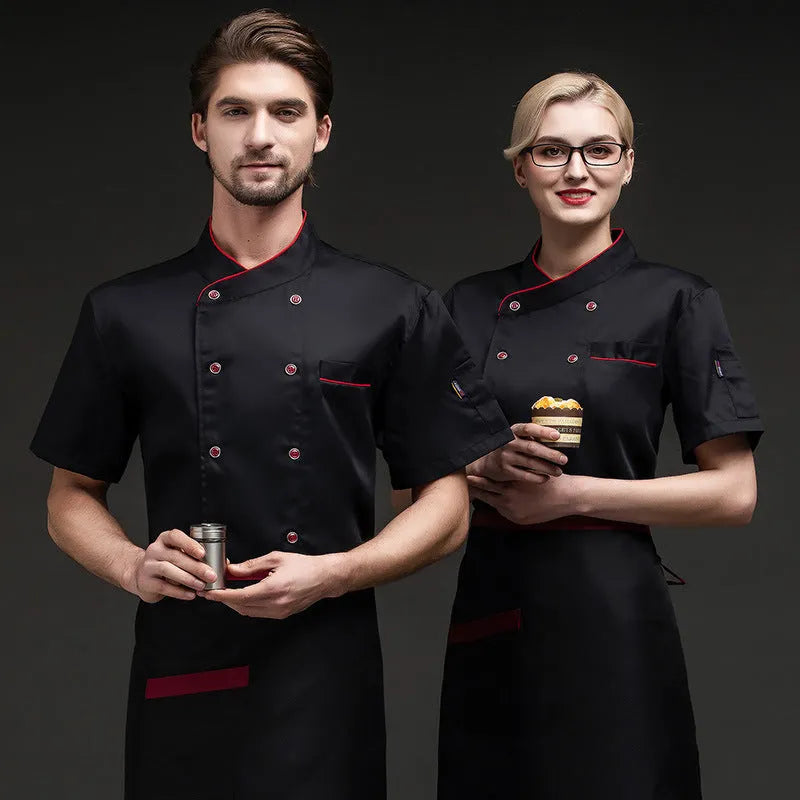 Short sleeve cotton blended chef work top in white with anti-oil decontamination for hotel kitchen use