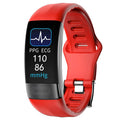 Black smart health bracelet with touch screen displaying heart rate and ECG waveform