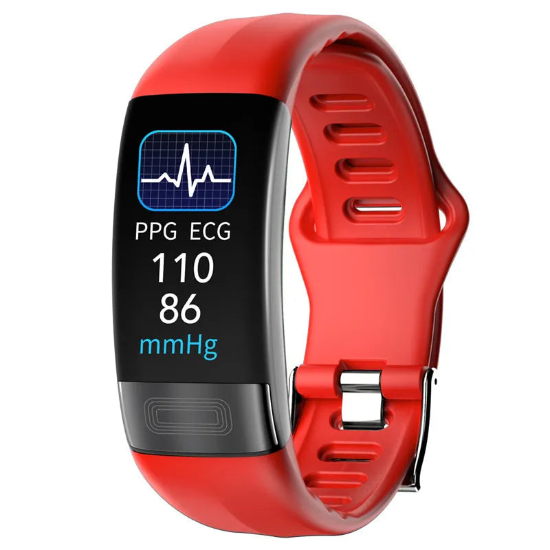 Black smart health bracelet with touch screen displaying heart rate and ECG waveform