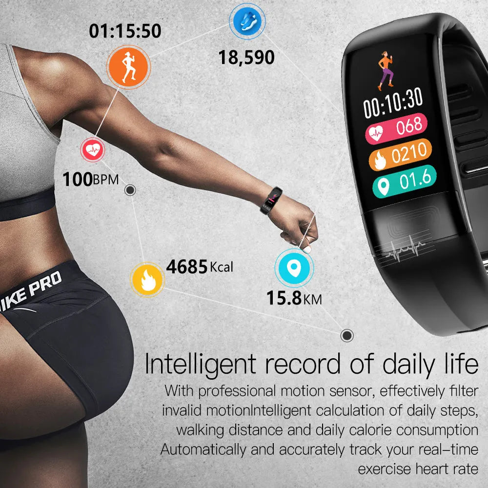Black smart health bracelet with touch screen displaying heart rate and ECG waveform