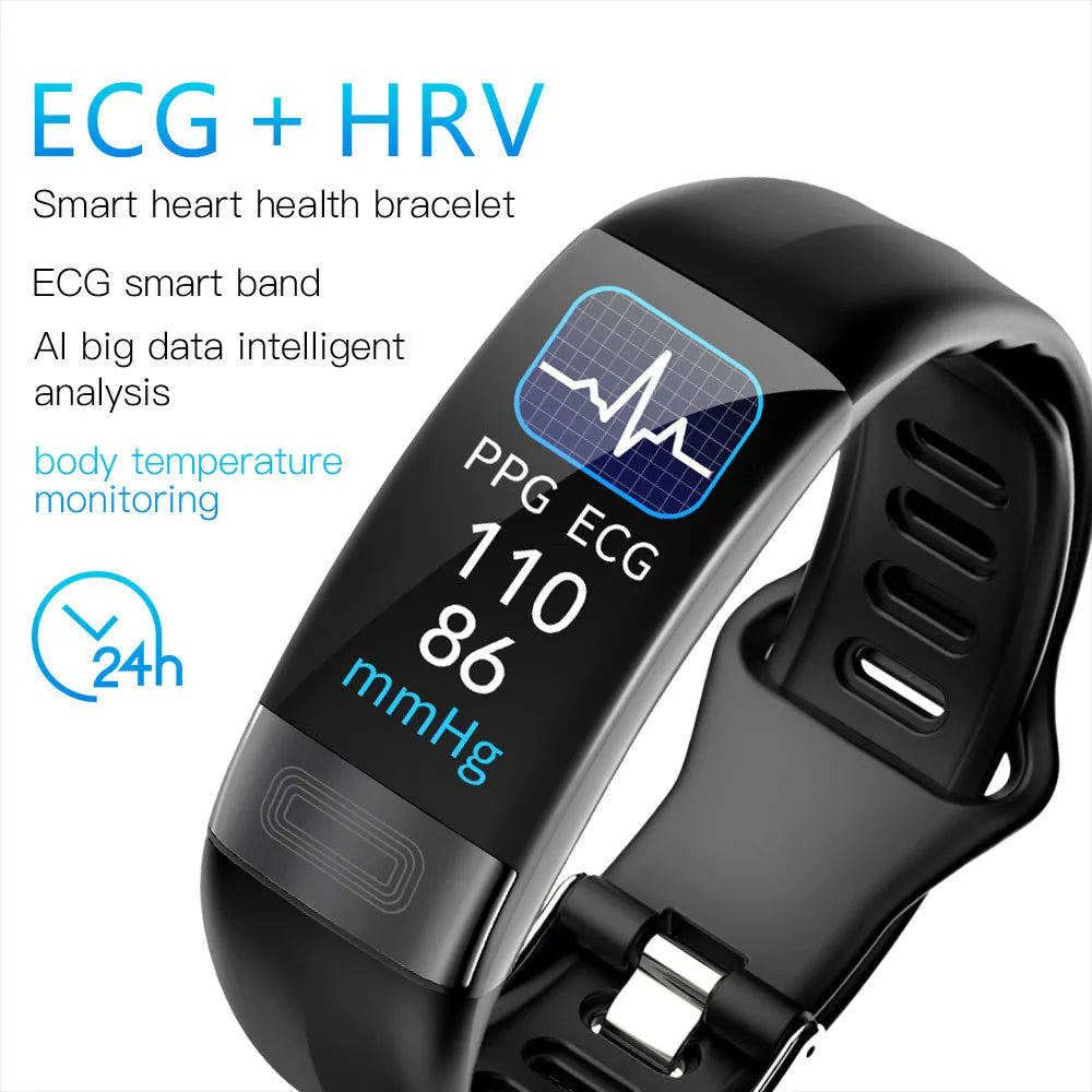 Black smart health bracelet with touch screen displaying heart rate and ECG waveform
