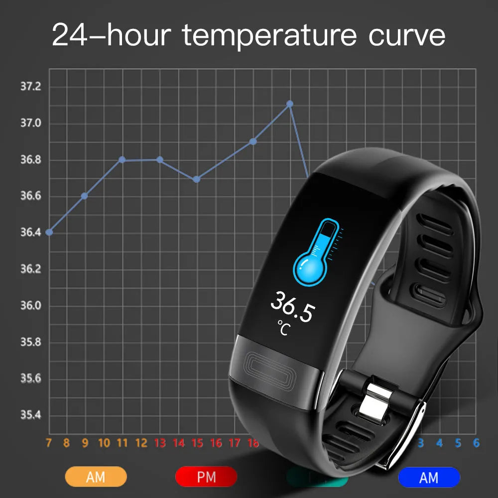 Black smart health bracelet with touch screen displaying heart rate and ECG waveform