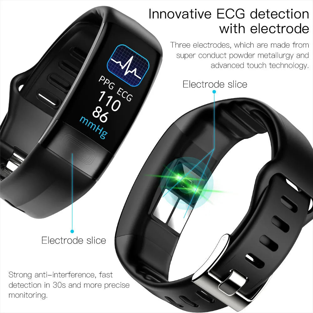 Black smart health bracelet with touch screen displaying heart rate and ECG waveform