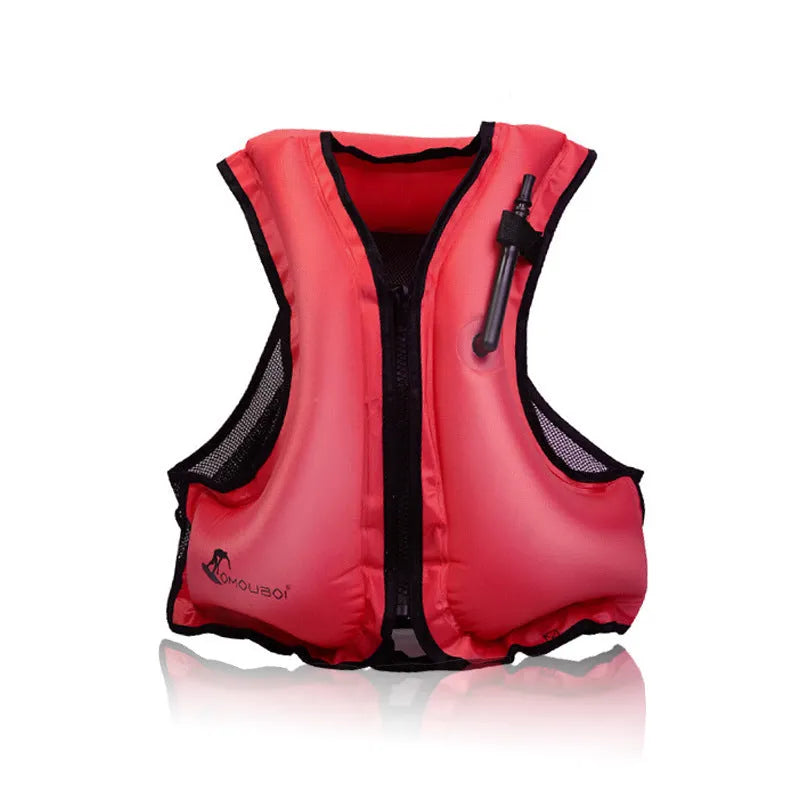 Inflatable life jacket in orange for children and adults, suitable for snorkeling and fishing