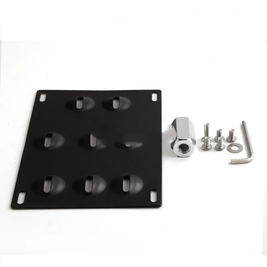 Silver metal car licence plate frame with a central towing hook, next to screws and a nut.