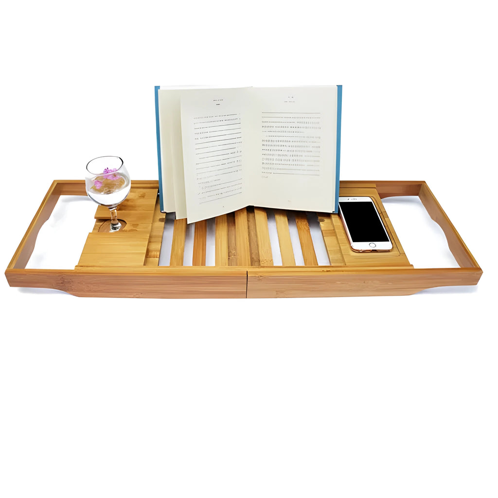 Natural bamboo bathtub caddy with single-tier desktop design for bathroom storage