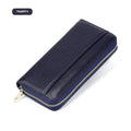 Long genuine leather women's wallet showing interior organisation and RFID protection feature
