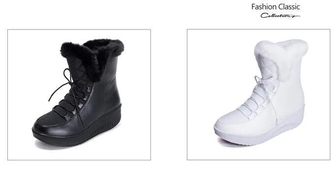 Women's black lace-up winter boots with a platform sole on a neutral background.