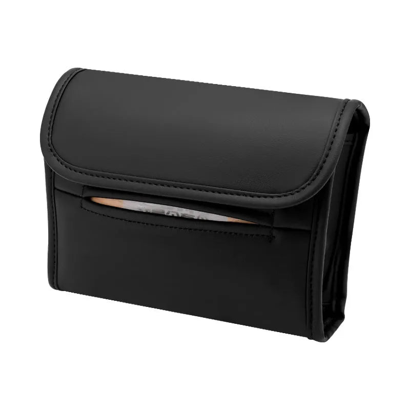 Leather car tissue box mounted on car sun visor with elastic band button fastening