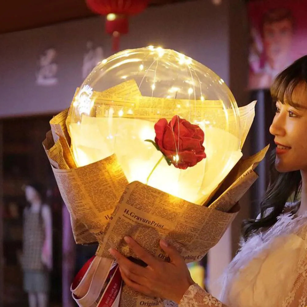 DIY LED light up transparent balloon with artificial rose components for self-assembly