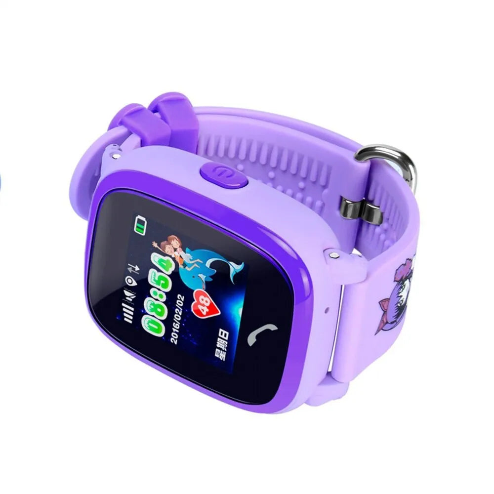 Blue children's waterproof smart watch with GPS tracking and touch screen display on silicone wristband