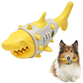 Blue shark tooth dog teething toy with textured cleaning surface