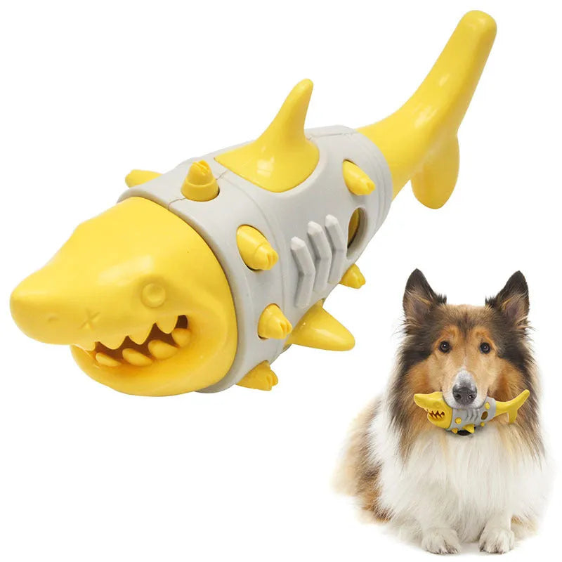 Blue shark tooth dog teething toy with textured cleaning surface