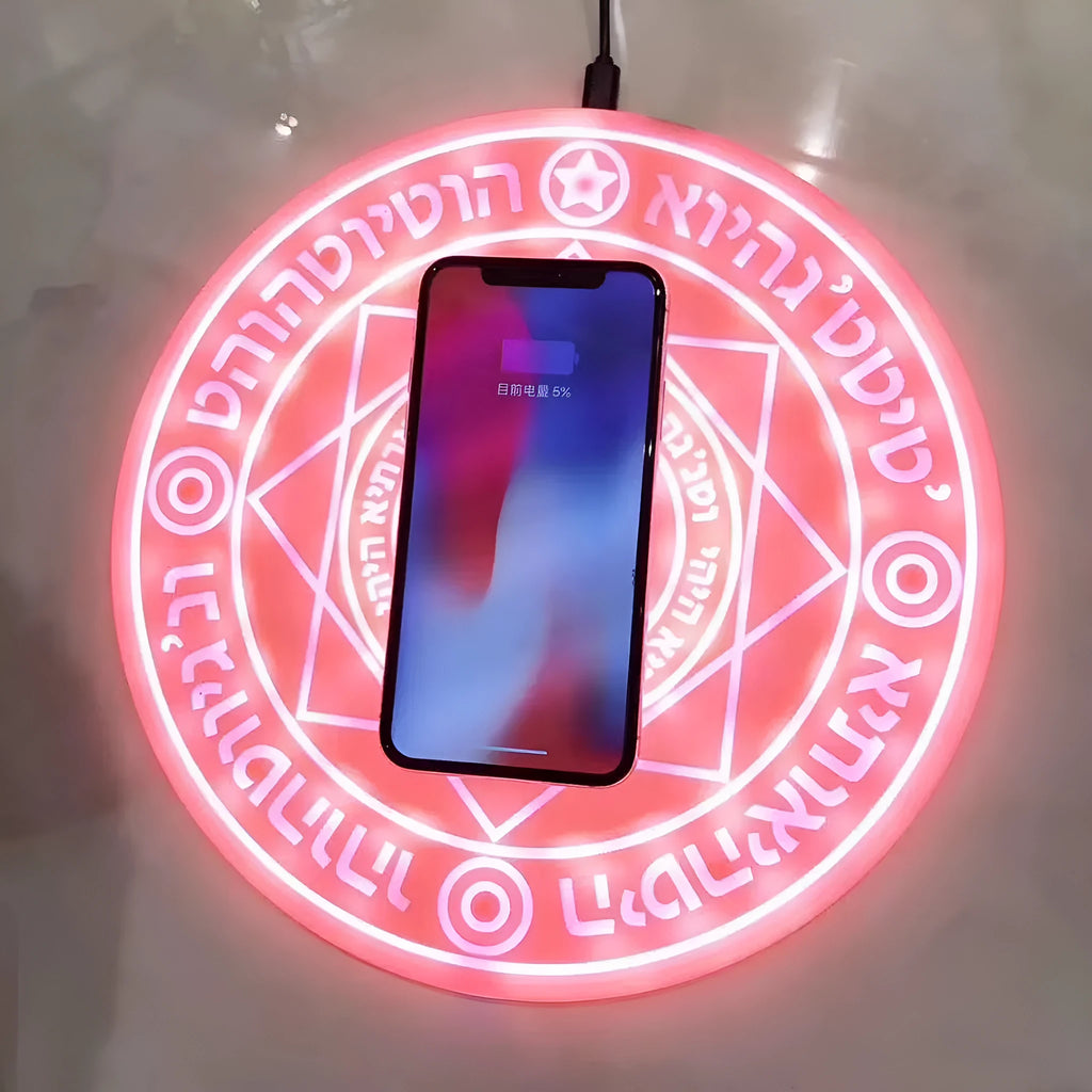 Square wireless phone charger with magic array pattern design showing ultra-thin 1.5cm profile