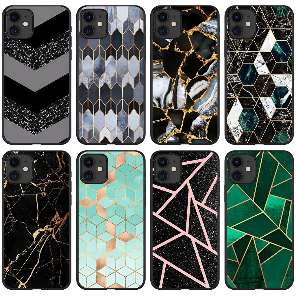 Marble pattern print on a slim black iPhone back cover case showing camera and button cutouts.