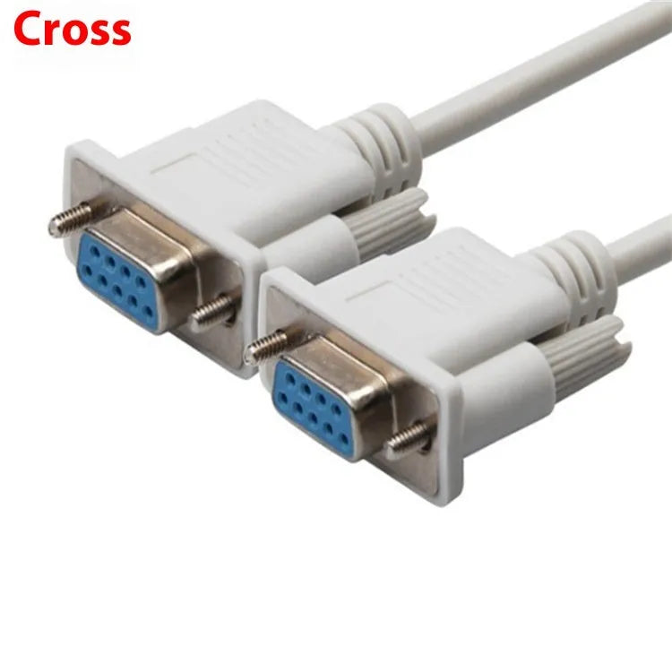 Close-up of a milky white DB9 female to female RS232 serial port cable, 1.5 metres long.