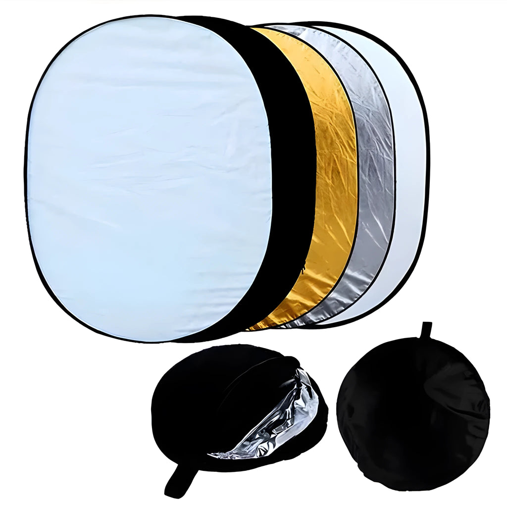 5-in-1 collapsible photography light reflector unfolded showing gold, silver, white, black, and translucent surfaces.