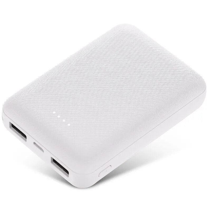 Ultra-thin black and white 10000mAh power bank showing multi USB ports and slim 22mm thickness