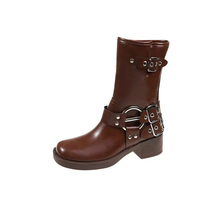 British platform women's boots with mid-calf length and belt buckle detail