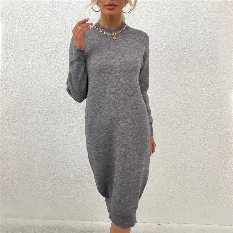 Grey women's acrylic knit sweater dress with crew neck and long sleeves