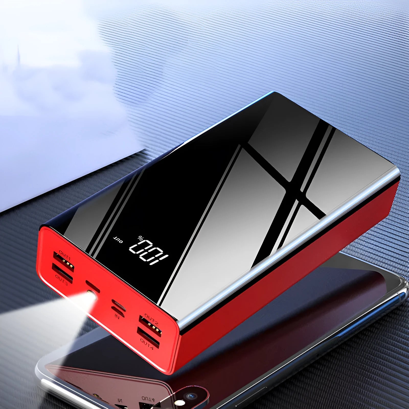 40000mAh power bank with LCD display in red or black colour options