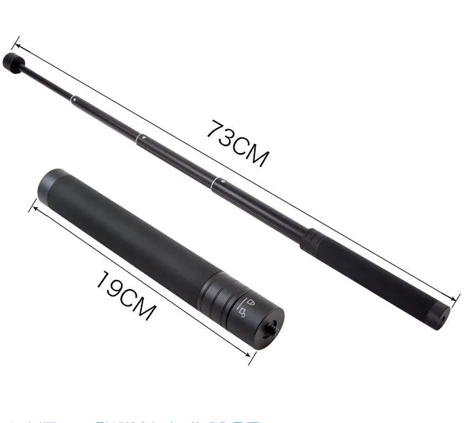 Black retractable aluminium selfie stick with hand-held stabiliser and phone grip, shown extended and collapsed.