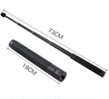 Black retractable aluminium selfie stick with hand-held stabiliser and phone grip, shown extended and collapsed.