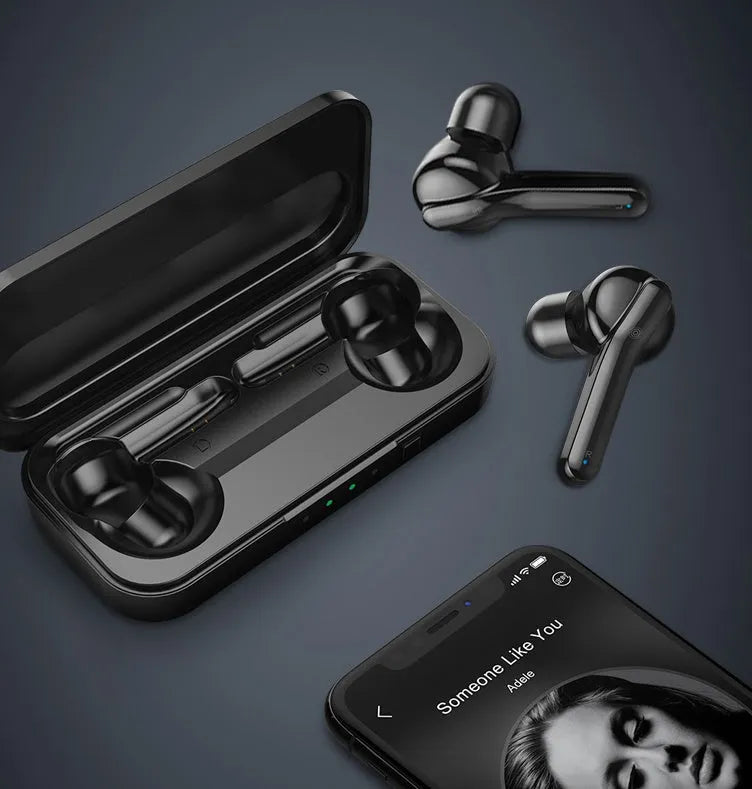 Black and white true wireless Bluetooth earbuds with charging case.