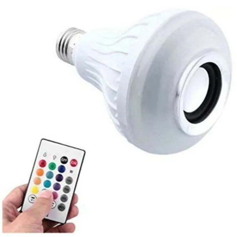 White smart LED bulb with E27 base featuring Bluetooth speaker and remote for colour control.