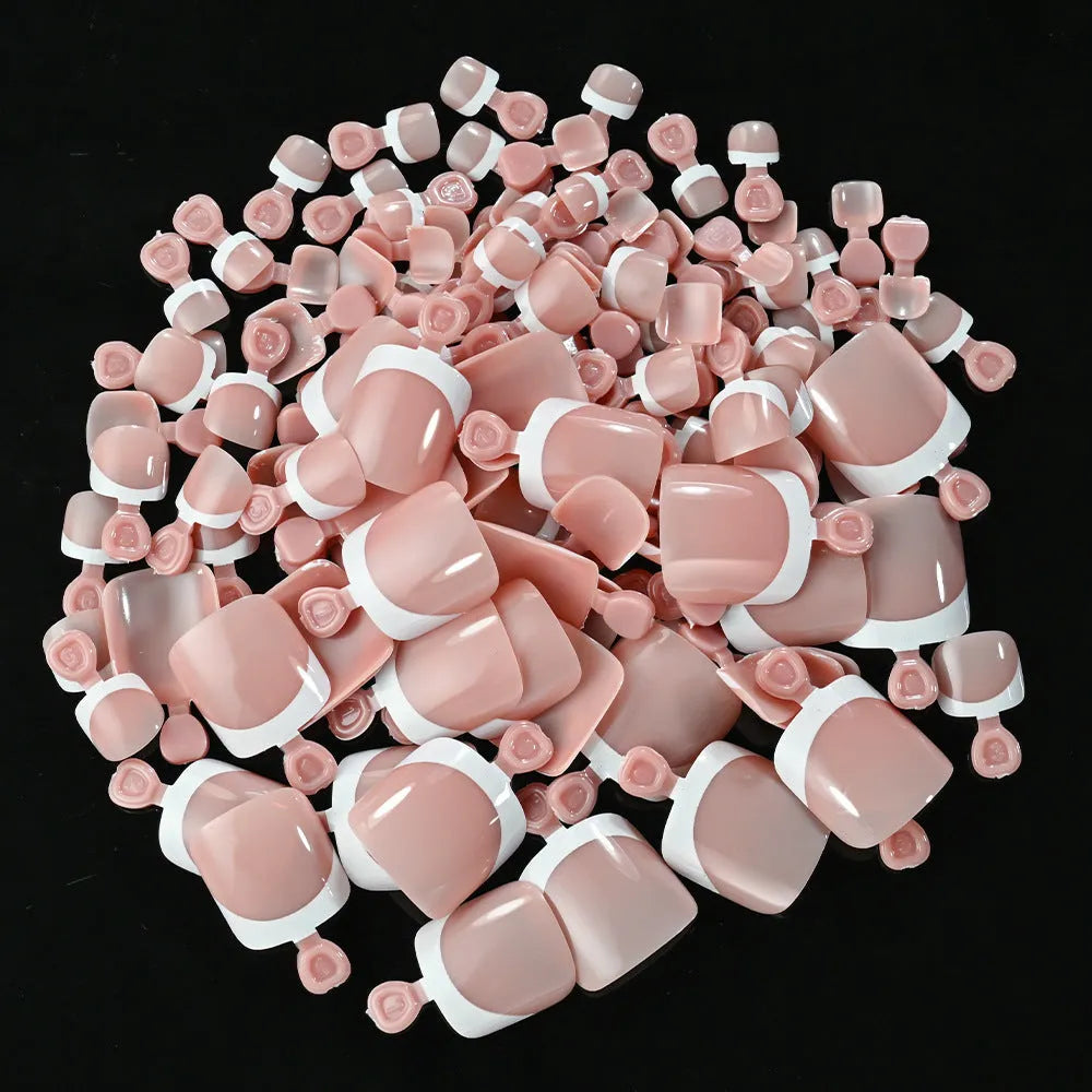 Box of 120 French tip artificial toenails in full square short shape with nine nude colour options