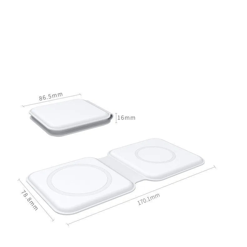 White foldable magnetic wireless charging dock showing dual charging pads for two phones