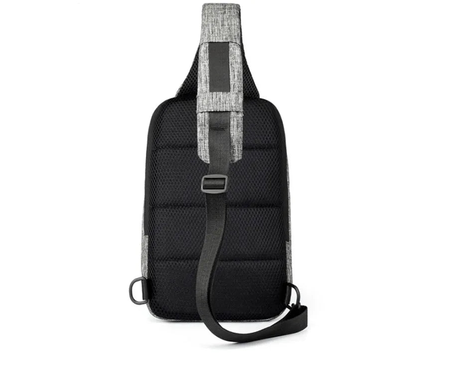 Small square Oxford waterproof chest bag in dark blue with internal phone pocket and single strap